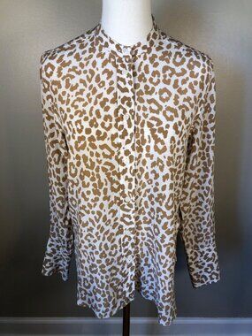 J Crew 100% Silk Beige & Ivory Leopard Print Button Front Blouse Size 2